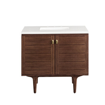 James Martin Furniture Amberly 36'' Single Vanity in Mid-Century Walnut with 3cm (1-3/8'') Thick White Zeus Top and Rectangle Undermount Sink