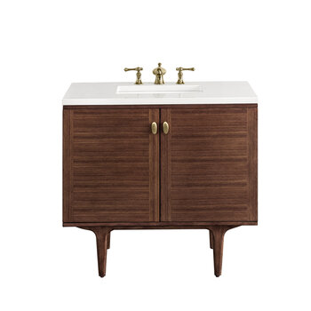 James Martin Furniture Amberly 36'' Single Vanity in Mid-Century Walnut with 3cm (1-3/8'') Thick White Zeus Top and Rectangle Undermount Sink