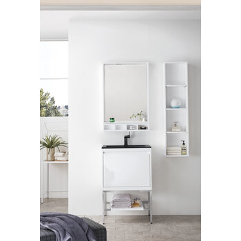James Martin Furniture Milan 23-5/8'' W Single Vanity Cabinet, Glossy White, Brushed Nickel with Charcoal Black Composite Top, 23-5/8''  W x 18-1/8''  D x 36''  H