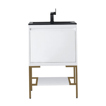 James Martin Furniture Milan 23-5/8'' W Single Vanity Cabinet in Glossy White and Radiant Gold Metal Base with Charcoal Black Composite Sink Top