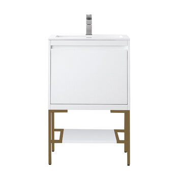 James Martin Furniture Milan 23-5/8'' W Single Vanity Cabinet in Glossy White and Radiant Gold Metal Base with Glossy White Composite Sink Top