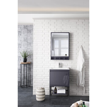 James Martin Furniture Milan 23-5/8'' W Single Vanity Cabinet, Modern Grey Glossy, Matte Black with Glossy White Composite Top, 23-5/8''  W x 18-1/8''  D x 36''  H