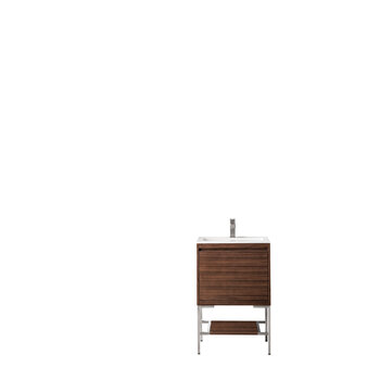 James Martin Furniture Milan 23-5/8'' W Single Vanity Cabinet, Mid Century Walnut, Brushed Nickel with Glossy White Composite Top, 23-5/8''  W x 18-1/8''  D x 36''  H