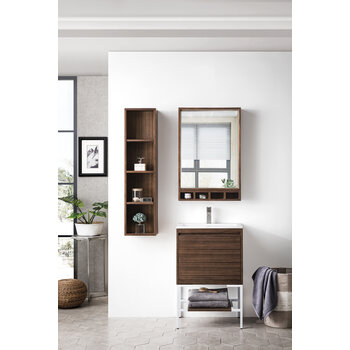 James Martin Furniture Milan 23-5/8'' W Single Vanity Cabinet, Mid Century Walnut, Glossy White with Glossy White Composite Top, 23-5/8''  W x 18-1/8''  D x 36''  H