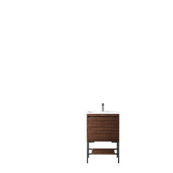 James Martin Furniture Milan 23-5/8'' W Single Vanity Cabinet, Mid Century Walnut, Matte Black with Glossy White Composite Top, 23-5/8''  W x 18-1/8''  D x 36''  H