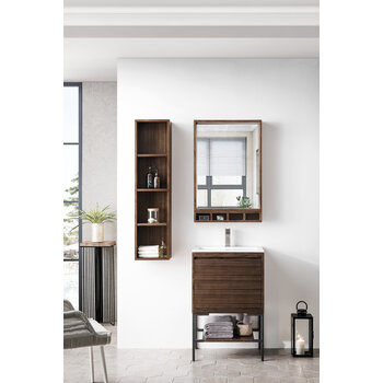 James Martin Furniture Milan 23-5/8'' W Single Vanity Cabinet, Mid Century Walnut, Matte Black with Glossy White Composite Top, 23-5/8''  W x 18-1/8''  D x 36''  H