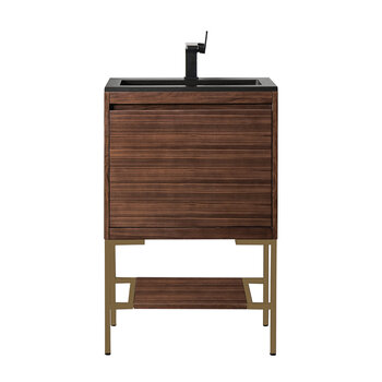 James Martin Furniture Milan 23-5/8'' W Single Vanity Cabinet in Mid Century Walnut and Radiant Gold Metal Base with Charcoal Black Composite Sink Top