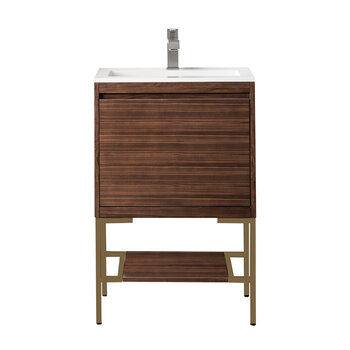 James Martin Furniture Milan 23-5/8'' W Single Vanity Cabinet in Mid Century Walnut and Radiant Gold Metal Base with Glossy White Composite Sink Top