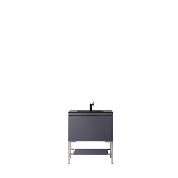 James Martin Furniture Milan 31-1/2'' W Single Vanity Cabinet, Modern Grey Glossy, Brushed Nickel with Charcoal Black Composite Top, 31-1/2''  W x 18-1/8''  D x 36''  H