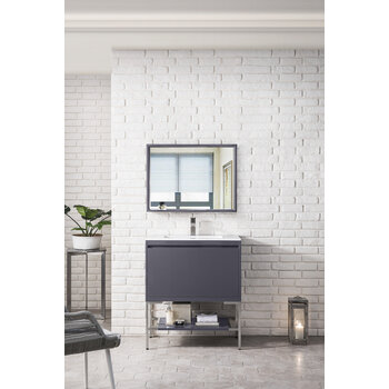 James Martin Furniture Milan 31-1/2'' W Single Vanity Cabinet, Modern Grey Glossy, Brushed Nickel with Glossy White Composite Top, 31-1/2''  W x 18-1/8''  D x 36''  H