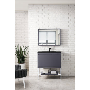 James Martin Furniture Milan 31-1/2'' W Single Vanity Cabinet, Modern Grey Glossy, Glossy White with Charcoal Black Composite Top, 31-1/2''  W x 18-1/8''  D x 36''  H