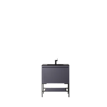 James Martin Furniture Milan 31-1/2'' W Single Vanity Cabinet, Modern Grey Glossy, Matte Black with Charcoal Black Composite Top, 31-1/2''  W x 18-1/8''  D x 36''  H