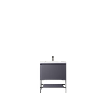 James Martin Furniture Milan 31-1/2'' W Single Vanity Cabinet, Modern Grey Glossy, Matte Black with Glossy White Composite Top, 31-1/2''  W x 18-1/8''  D x 36''  H