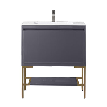 James Martin Furniture Milan 31-1/2'' W Single Vanity Cabinet in Modern Grey Glossy and Radiant Gold Metal Base with Glossy White Composite Sink Top