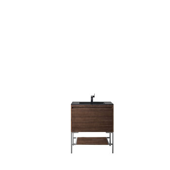 James Martin Furniture Milan 31-1/2'' W Single Vanity Cabinet, Mid Century Walnut, Brushed Nickel with Charcoal Black Composite Top, 31-1/2''  W x 18-1/8''  D x 36''  H