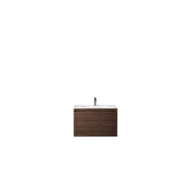 James Martin Furniture Milan 31-1/2'' W Single Vanity Cabinet, Mid Century Walnut with Glossy White Composite Top, 31-1/2''  W x 18-1/8''  D x 20-5/8''  H
