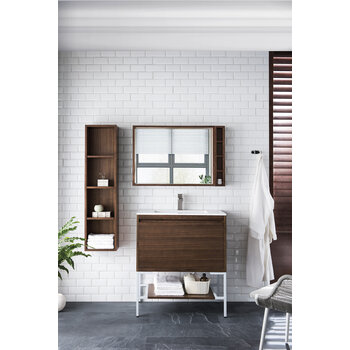 James Martin Furniture Milan 31-1/2'' W Single Vanity Cabinet, Mid Century Walnut, Glossy White with Glossy White Composite Top, 31-1/2''  W x 18-1/8''  D x 36''  H