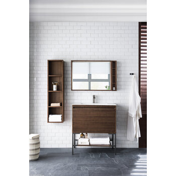 James Martin Furniture Milan 31-1/2'' W Single Vanity Cabinet, Mid Century Walnut, Matte Black with Glossy White Composite Top, 31-1/2''  W x 18-1/8''  D x 36''  H