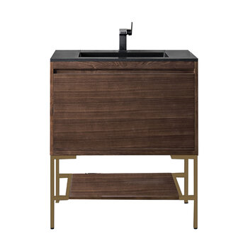 James Martin Furniture Milan 31-1/2'' W Single Vanity Cabinet in Mid Century Walnut and Radiant Gold Metal Base with Charcoal Black Composite Sink Top