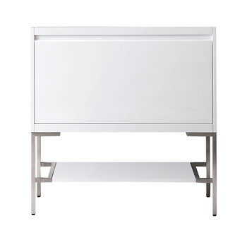 James Martin Furniture Milan 35-3/8'' W Single Vanity Cabinet in Glossy White and Brushed Nickel Metal Base Only (No Top)