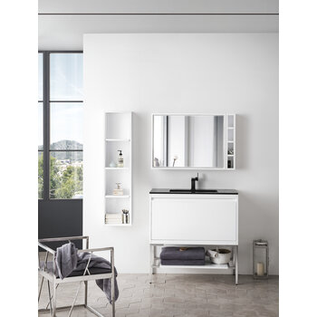 James Martin Furniture Milan 35-3/8'' W Single Vanity Cabinet, Glossy White, Brushed Nickel with Charcoal Black Composite Top, 35-3/8''  W x 18-1/8''  D x 36''  H