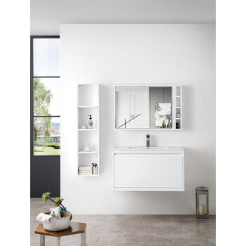 James Martin Furniture Milan 35-3/8'' W Single Vanity Cabinet, Glossy White with Glossy White Composite Top, 35-3/8''  W x 18-1/8''  D x 20-5/8''  H