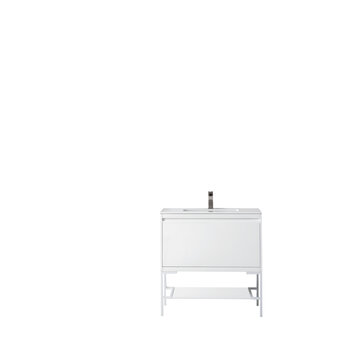 James Martin Furniture Milan 35-3/8'' W Single Vanity Cabinet, Glossy White, Glossy White with Glossy White Composite Top, 35-3/8''  W x 18-1/8''  D x 36''  H