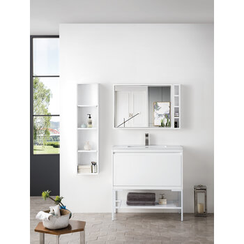 James Martin Furniture Milan 35-3/8'' W Single Vanity Cabinet, Glossy White, Glossy White with Glossy White Composite Top, 35-3/8''  W x 18-1/8''  D x 36''  H
