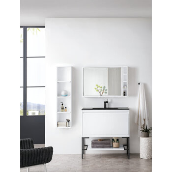 James Martin Furniture Milan 35-3/8'' W Single Vanity Cabinet, Glossy White, Matte Black with Charcoal Black Composite Top, 35-3/8''  W x 18-1/8''  D x 36''  H