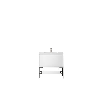 James Martin Furniture Milan 35-3/8'' W Single Vanity Cabinet, Glossy White, Matte Black with Glossy White Composite Top, 35-3/8''  W x 18-1/8''  D x 36''  H