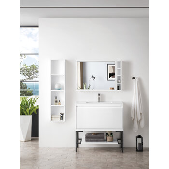 James Martin Furniture Milan 35-3/8'' W Single Vanity Cabinet, Glossy White, Matte Black with Glossy White Composite Top, 35-3/8''  W x 18-1/8''  D x 36''  H