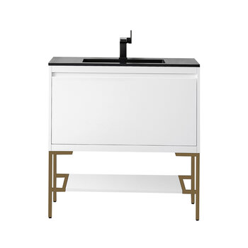 James Martin Furniture Milan 35-3/8'' W Single Vanity Cabinet in Glossy White and Radiant Gold Metal Base with Charcoal Black Composite Sink Top
