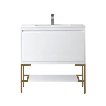 James Martin Furniture Milan 35-3/8'' W Single Vanity Cabinet in Glossy White and Radiant Gold Metal Base with Glossy White Composite Sink Top