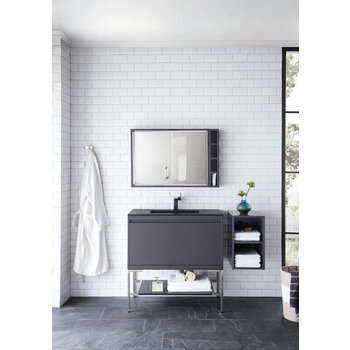 James Martin Furniture Milan 35-3/8'' W Single Vanity Cabinet, Modern Grey Glossy, Brushed Nickel with Charcoal Black Composite Top, 35-3/8''  W x 18-1/8''  D x 36''  H
