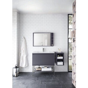 James Martin Furniture Milan 35-3/8'' W Single Vanity Cabinet, Modern Grey Glossy, Brushed Nickel with Glossy White Composite Top, 35-3/8''  W x 18-1/8''  D x 36''  H