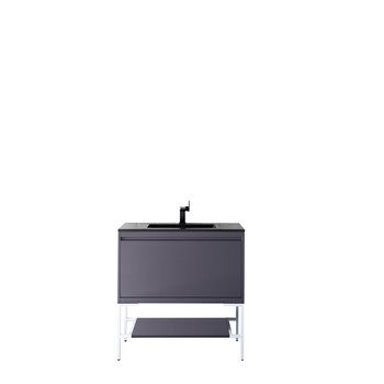 James Martin Furniture Milan 35-3/8'' W Single Vanity Cabinet, Modern Grey Glossy, Glossy White with Charcoal Black Composite Top, 35-3/8''  W x 18-1/8''  D x 36''  H
