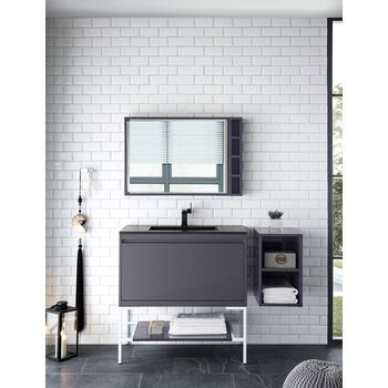 James Martin Furniture Milan 35-3/8'' W Single Vanity Cabinet, Modern Grey Glossy, Glossy White with Charcoal Black Composite Top, 35-3/8''  W x 18-1/8''  D x 36''  H