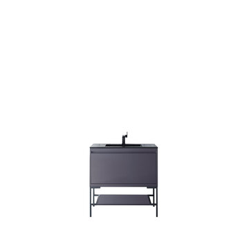 James Martin Furniture Milan 35-3/8'' W Single Vanity Cabinet, Modern Grey Glossy, Matte Black with Charcoal Black Composite Top, 35-3/8''  W x 18-1/8''  D x 36''  H