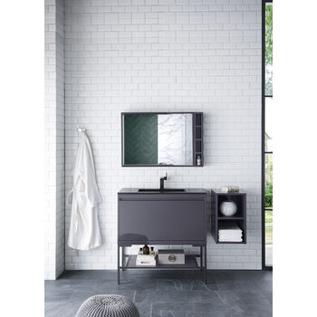 James Martin Furniture Milan 35-3/8'' W Single Vanity Cabinet, Modern Grey Glossy, Matte Black with Charcoal Black Composite Top, 35-3/8''  W x 18-1/8''  D x 36''  H