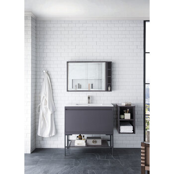 James Martin Furniture Milan 35-3/8'' W Single Vanity Cabinet, Modern Grey Glossy, Matte Black with Glossy White Composite Top, 35-3/8''  W x 18-1/8''  D x 36''  H