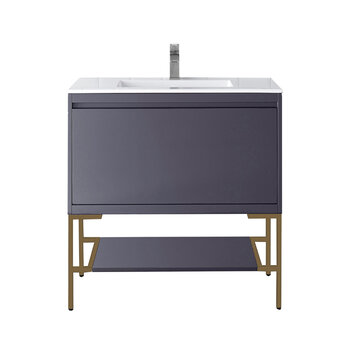 James Martin Furniture Milan 35-3/8'' W Single Vanity Cabinet in Modern Grey Glossy and Radiant Gold Metal Base with Glossy White Composite Sink Top