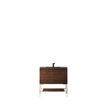 James Martin Furniture Milan 35-3/8'' W Single Vanity Cabinet, Mid Century Walnut, Brushed Nickel with Charcoal Black Composite Top, 35-3/8''  W x 18-1/8''  D x 36''  H