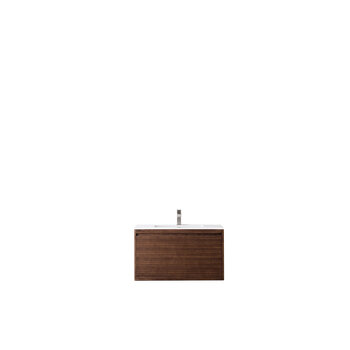 James Martin Furniture Milan 35-3/8'' W Single Vanity Cabinet, Mid Century Walnut with Glossy White Composite Top, 35-3/8''  W x 18-1/8''  D x 20-5/8''  H