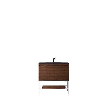 James Martin Furniture Milan 35-3/8'' W Single Vanity Cabinet, Mid Century Walnut, Glossy White with Charcoal Black Composite Top, 35-3/8''  W x 18-1/8''  D x 36''  H