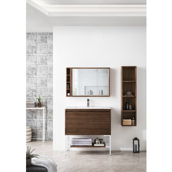 James Martin Furniture Milan 35-3/8'' W Single Vanity Cabinet, Mid Century Walnut, Glossy White with Glossy White Composite Top, 35-3/8''  W x 18-1/8''  D x 36''  H