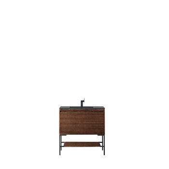 James Martin Furniture Milan 35-3/8'' W Single Vanity Cabinet, Mid Century Walnut, Matte Black with Charcoal Black Composite Top, 35-3/8''  W x 18-1/8''  D x 36''  H