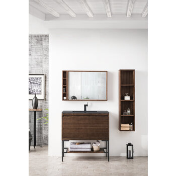 James Martin Furniture Milan 35-3/8'' W Single Vanity Cabinet, Mid Century Walnut, Matte Black with Charcoal Black Composite Top, 35-3/8''  W x 18-1/8''  D x 36''  H