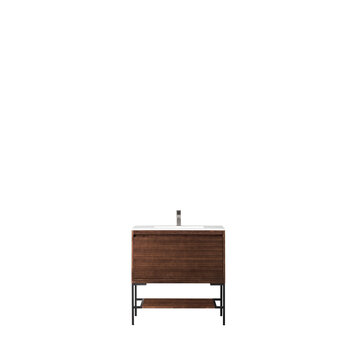James Martin Furniture Milan 35-3/8'' W Single Vanity Cabinet, Mid Century Walnut, Matte Black with Glossy White Composite Top, 35-3/8''  W x 18-1/8''  D x 36''  H