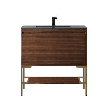 James Martin Furniture Milan 35-3/8'' W Single Vanity Cabinet in Mid Century Walnut and Radiant Gold Metal Base with Charcoal Black Composite Sink Top