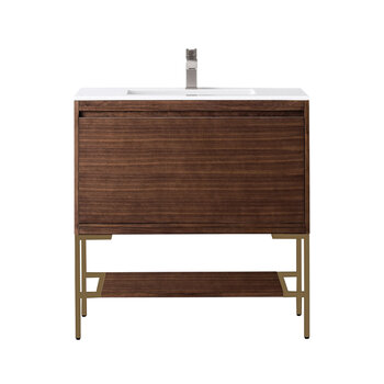James Martin Furniture Milan 35-3/8'' W Single Vanity Cabinet in Mid Century Walnut and Radiant Gold Metal Base with Glossy White Composite Sink Top